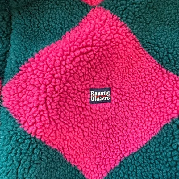 Rowing Blazers- Harlequin Deep-Pile Sherpa “Jockey” Fleece in Pink/Green - Picture 4 of 6